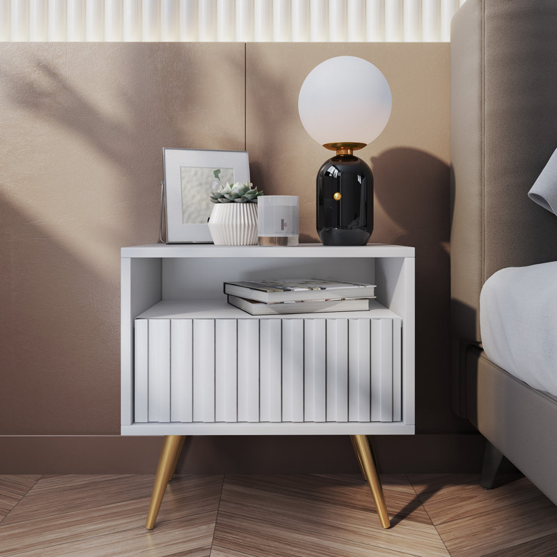 Hodgskin 47cm W Manufactured Wood Bedside Table, White/Gold