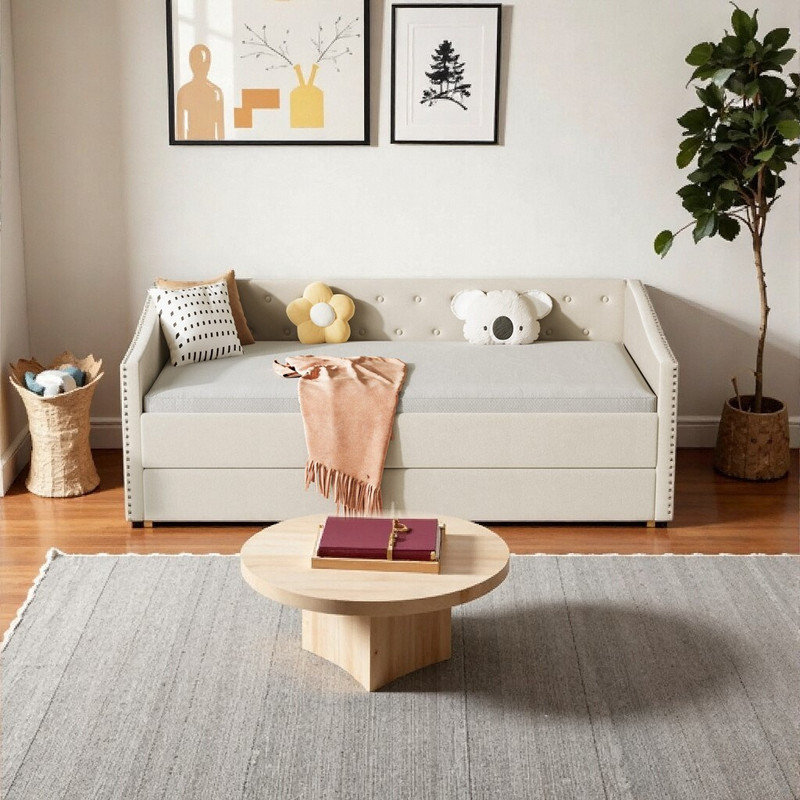 Divan-lit simple avec couchette et rangement, Beige, Lit simple
