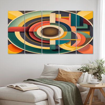 Mid-Century Vintage Circular Visions III - salon d'art moderne Mid-Century - 5 panneaux égaux