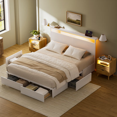 Ensemble de chambre à coucher 3 pièces, lit plateforme avec 4 tiroirs de rangement et 2 tables de chevet avec charge multi-ports