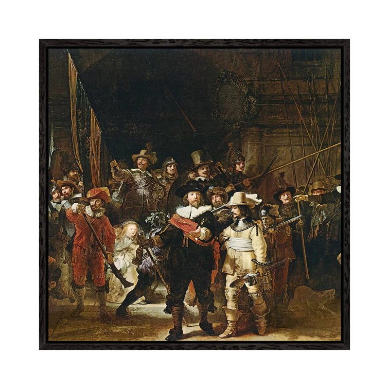The Nightwatch, 1642 by Rembrandt Van Rijn - Painting on Canvas, 66.04cm H x 66.04cm W x 3.81cm D, Black Framed