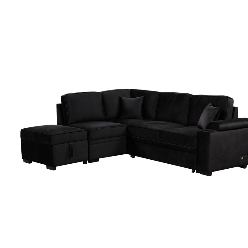 Canapé-lit 85,4 po 2 en 1 avec canapé en velours noir pour les espaces de vie. Fabrication en contreplaqué, rangement intérieur en mousse haute, pièces coulissantes. Structure, rembourrage luxueux
