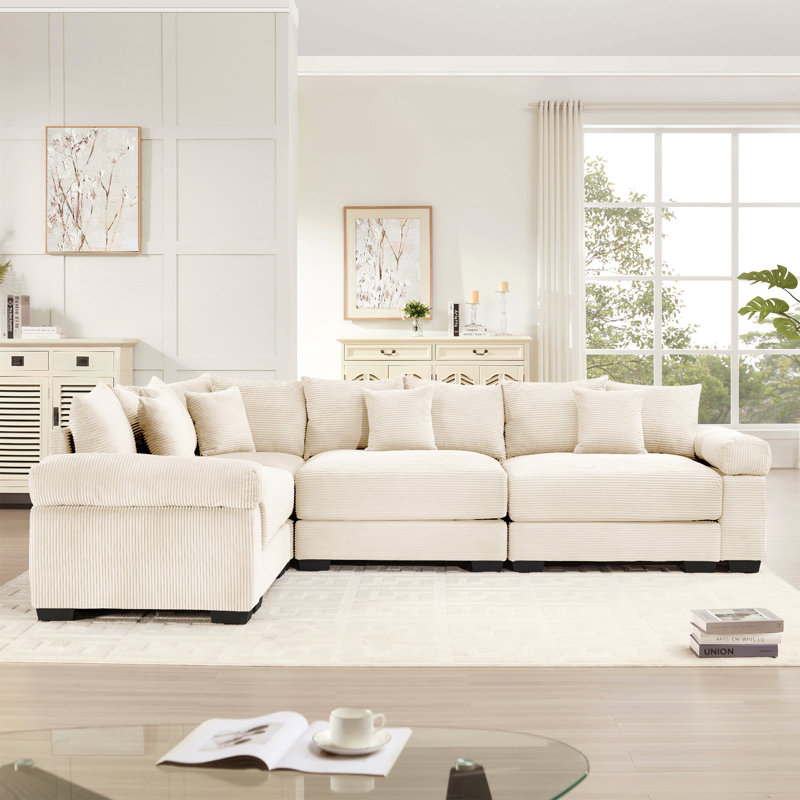 Canapé modulaire en velours côtelé Felder avec coussins décoratifs et sièges profonds Felder, Velours côtelé beige