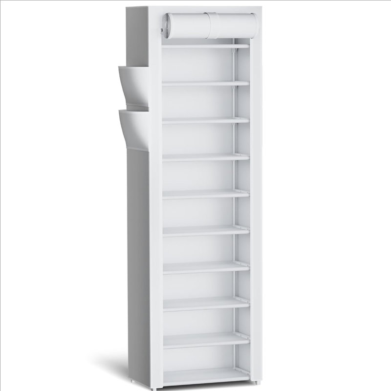 Étagère de rangement de chaussures à grande capacité à 10 niveaux avec housse anti-poussière et poches latérales, Blanc