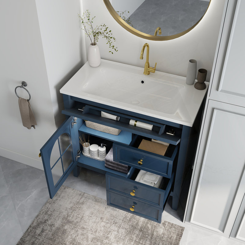 Lavabo de salle de bain 35,6 po Mid-Century, Bleu