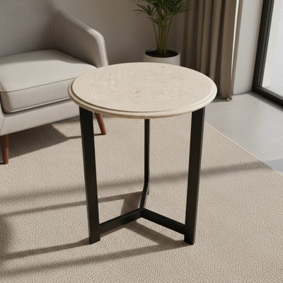 Round Onyx Marble Side Table – 16” Diameter, 22” Height – Fossil Onyx Marble Top with Black Metal Base – Modern Accent End Table for Living Room & Bedroom