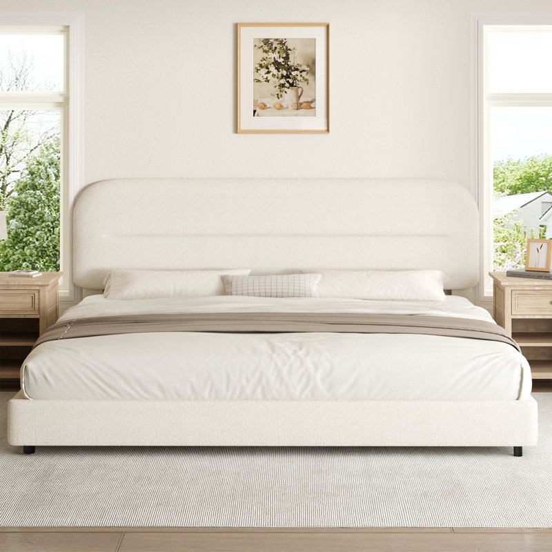 Ensemble de cadre de lit en tissu d'ameublement et de table de chevet Manfrid Boucle, Crème / Blanc, Très grand