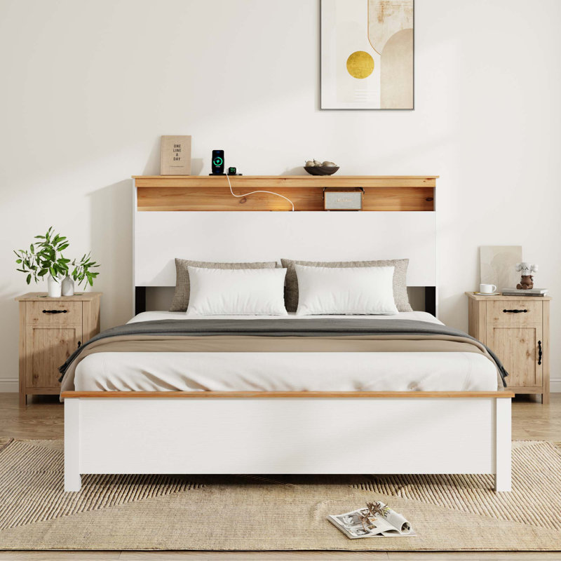 Lit avec base de charge en bois, tête de lit et charge intégrée, Queen