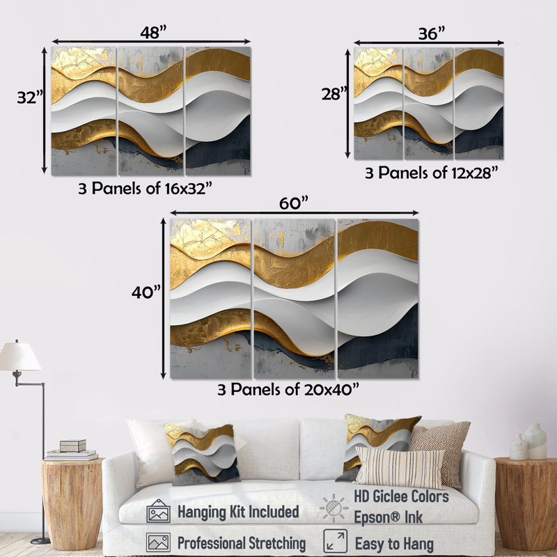 Newman VI - art mural vagues - 3 panneaux, H 28 po x l 36 po, Toile tendue, Ne s’applique pas