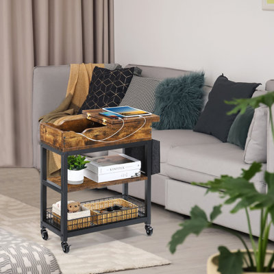 Petite table d'appoint à roulettes avec station de charge et rangement, brun rustique