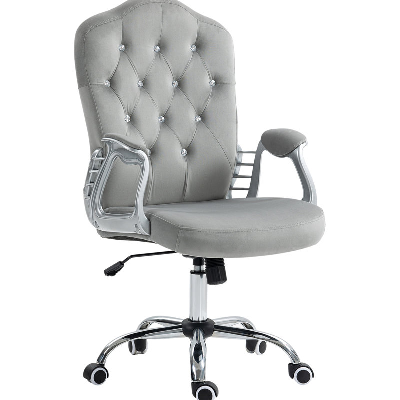Vinsetto Home Office Chair,Velvet Computer Chair,Button Tufted Desk Chair with Swivel Wheels,Adjustable Height,and Tilt Function,Light Gray