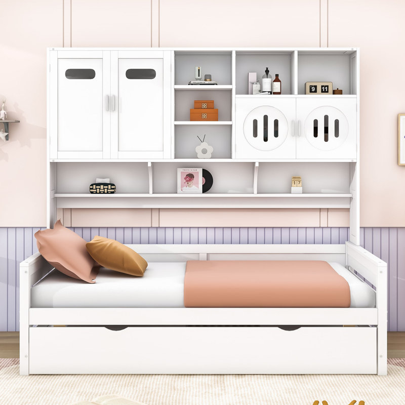 Westerville Wooden Daybed With Trundle,and All-in-One Cabinet and Shelf, Twin, White
