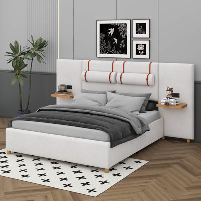 Upholstered Platform Bed With Two Outlets,USB Charging Ports, Two Bedside Pillows And Storage Shelves
