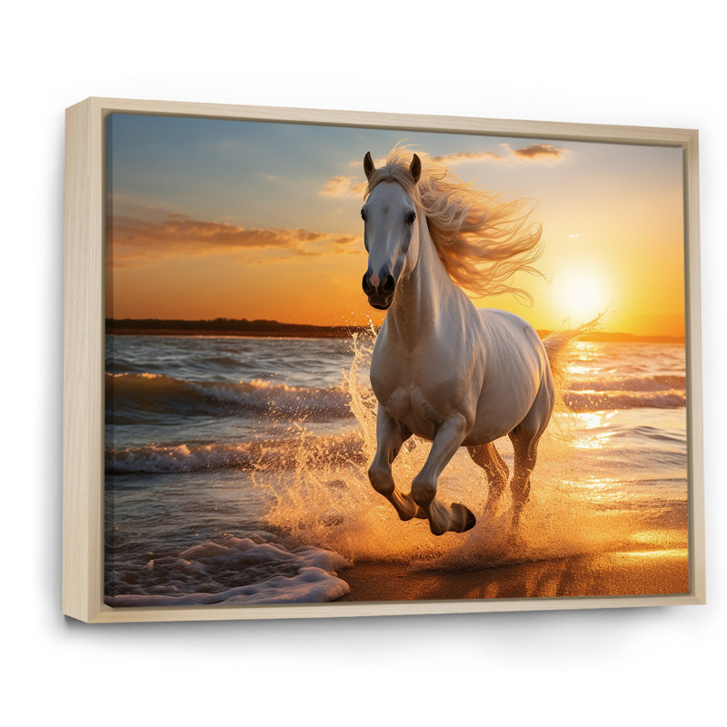 Cheval sauvage qui court sur la plage 1 - Reproduction encadrée de plage côtière, Cadre flottant brun