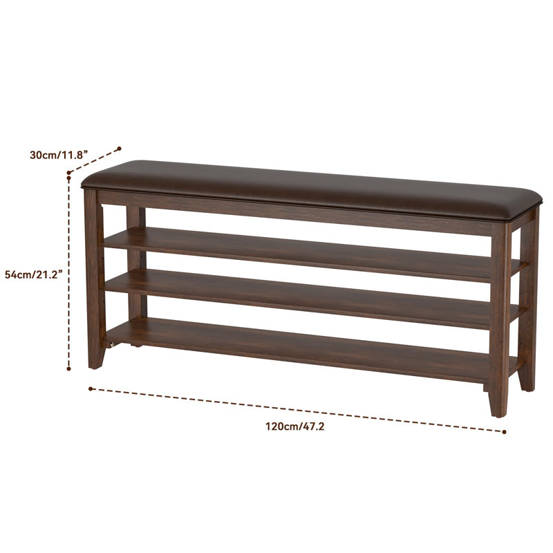 Shoe Rack Bench Entryway Storage with Leather Cushion and 3 Height-Adjustable Removable Shelve, 21.2" H x 47.2" W x 11.81" D