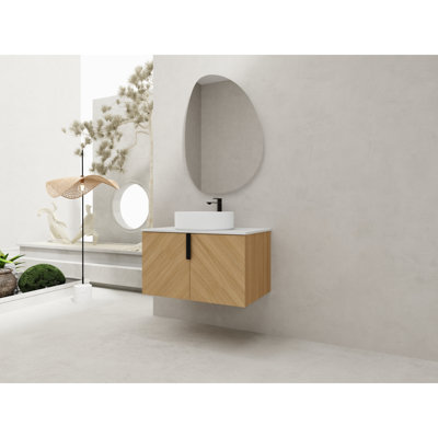 Meuble-lavabo de 30 po avec lavabo d'art supérieur en céramique et dalle de pierre artificielle, 2 portes à fermeture douce, montage mural, contreplaqué (emballage KD)