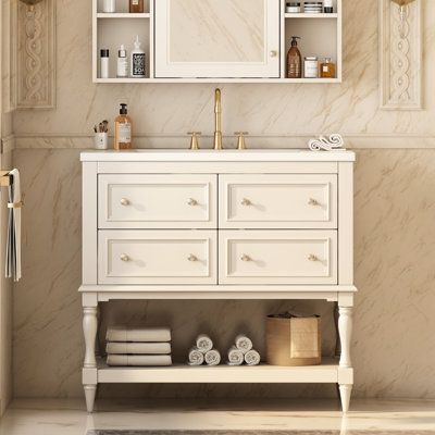 Meuble-lavabo 36 po - Beige. Bois massif, 4 tiroirs. Lavabo en céramique. Élégant rangement beige avec lavabo 36 po. Fabrication en bois. Tiroirs. Bassin. Luminaire