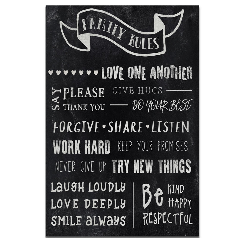 «Chalkboard Rules I», art textuel, H 18 po x l 12 po x 1,5 po, Toile tendue