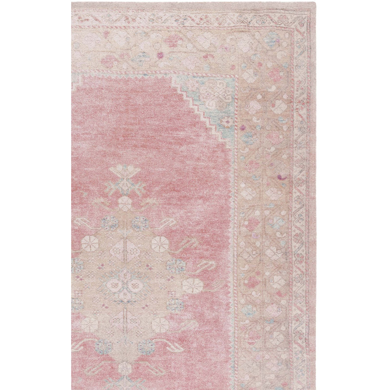 Bhavi Vintage Hand Tufted Pet Yarn/Cotton Oriental Rug in Pink/Dark Beige, Rectangle 6' x 9'