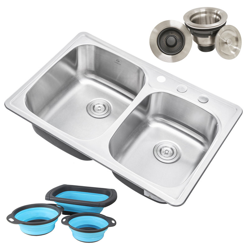 33.125'' L Double Bowl Stainless Steel Kitchen Sink, 3 Hole