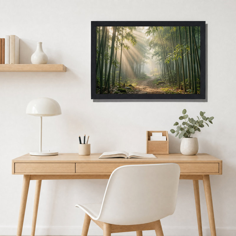 Chemin de bambou baigné de soleil doré - Tableau sur toile, H 16 po x l 24 po