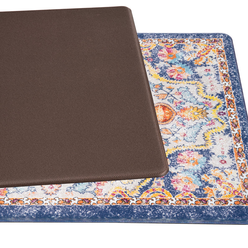 Distressed Vintage Standing Anti-Fatigue Ivory/Orange/Navy Mat, Rectangle 1'6" x 3'11''