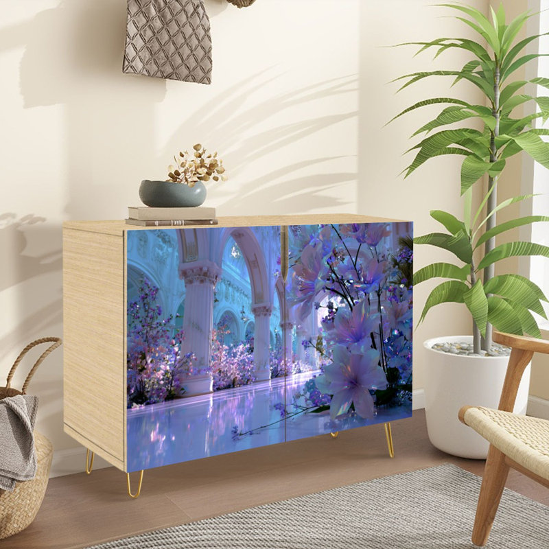 Sideboard Buffet Cabinet with Storage Iridescent Glass Flowers Luminous Garden Soft Light Reflections with 2 Doors for Living Room and Kitchen