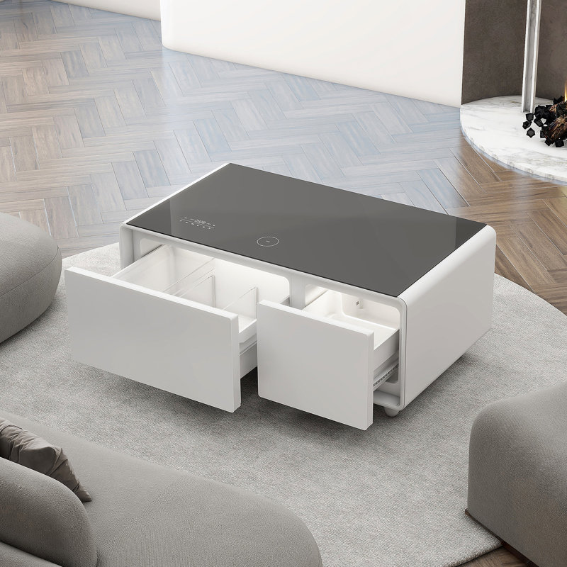 Smart Coffee Table With Built-In Fridge And Freezer Drawers, Bluetooth Speaker, Wireless Charging, Touch Control Panel, USB Ports, Outlet Protection, Atmosphere Light