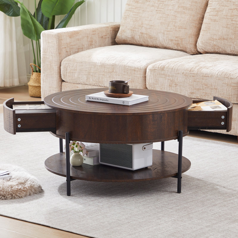 Table basse ronde 30,47 po avec tiroirs, Marron foncé