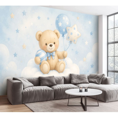 Wall Mural Peel and Stick Wallpaper Watercolor Teddy Bear balloons cloud stars Self-Adhesive Removable Contact Paper Wall Decor for Living Room Bedroom 100"H x 144"W
