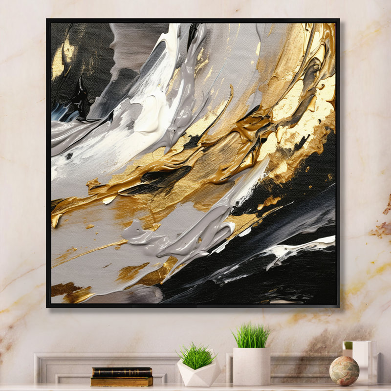 Rêves d'abondance noir et or I - art mural abstrait pour salon, Cadre flottant noir, H 36 po x l 36 po x P 1,5 po