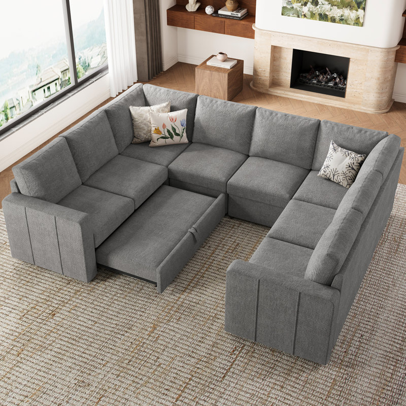 Seybert U Shaped Sofa Oversized Pullout Sofa Bed Modular Sectional Couch Convertible Sleeper, Light Gray Chenille