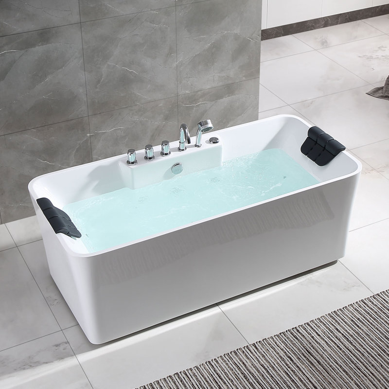 59" White Freestanding Acrylic Whirlpool Bathtub with Faucet