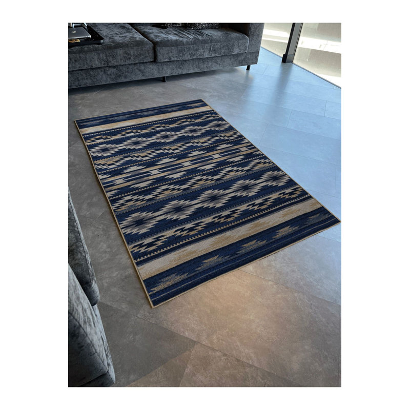 Tapis bleu délavé à motif géométrique mixte, Tapis de couloir 2 pi 6 po x 9 pi 10 po inclus