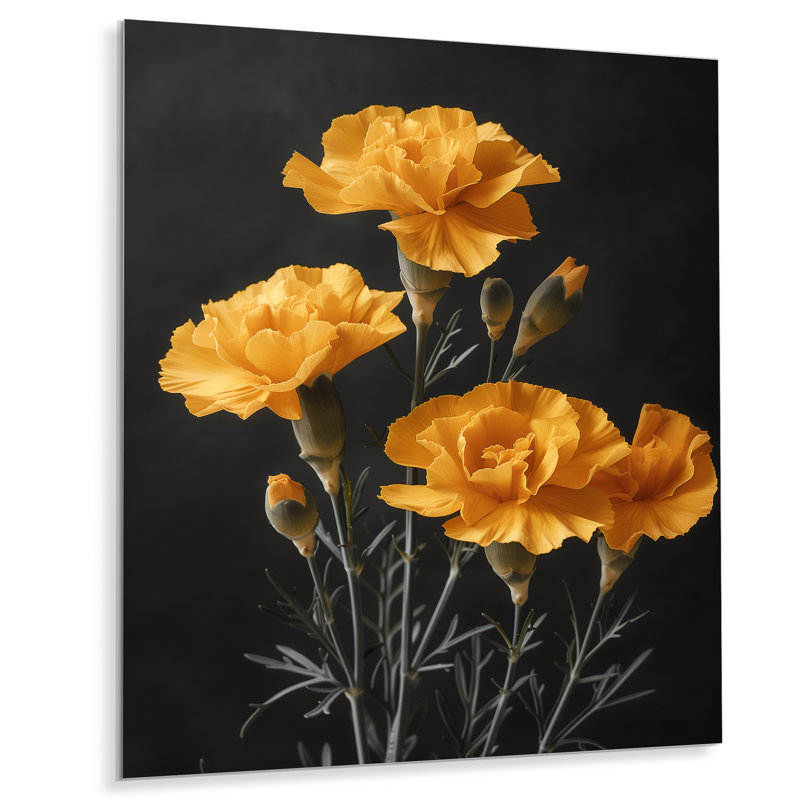 Monochromes jaunes noirs avec œillets Bloom II - œillets, art mural dans le salon, Métal métal, H 32 po x l 24 po