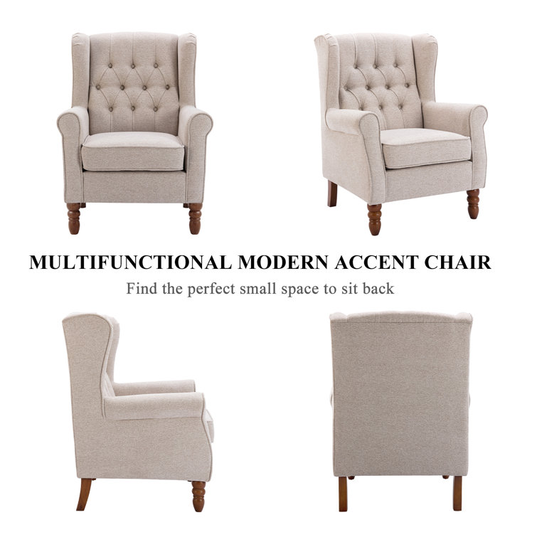 Button-Tufted Small Wingback Accent Chair with Rolled Arm and Thick Padded Cushion Mercer41 Fabric: Beige Polyester