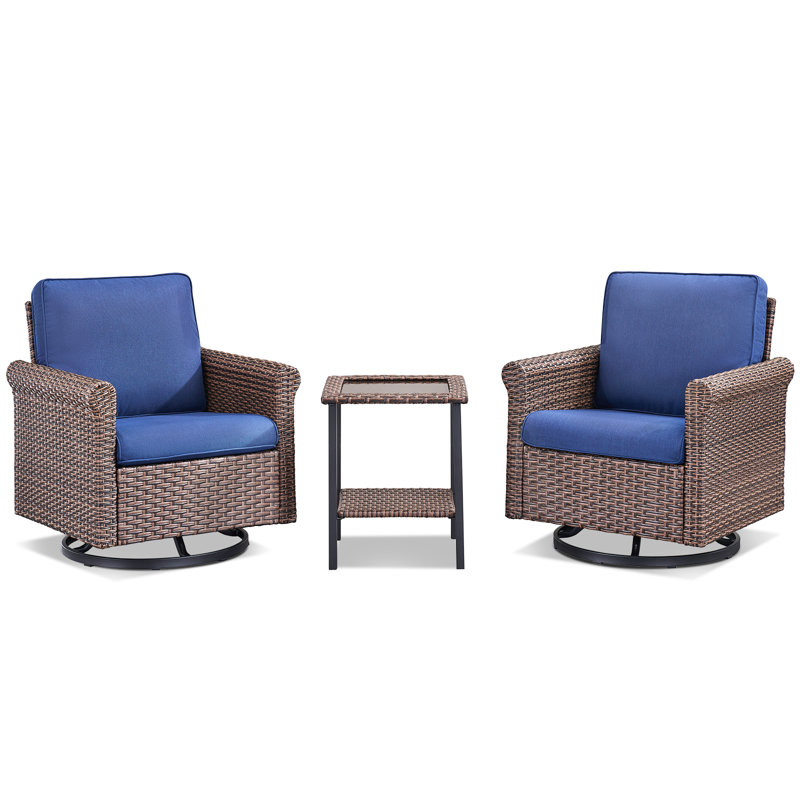 Ensemble de chaises berçantes d'extérieur pivotantes avec table d'appoint, Bleu