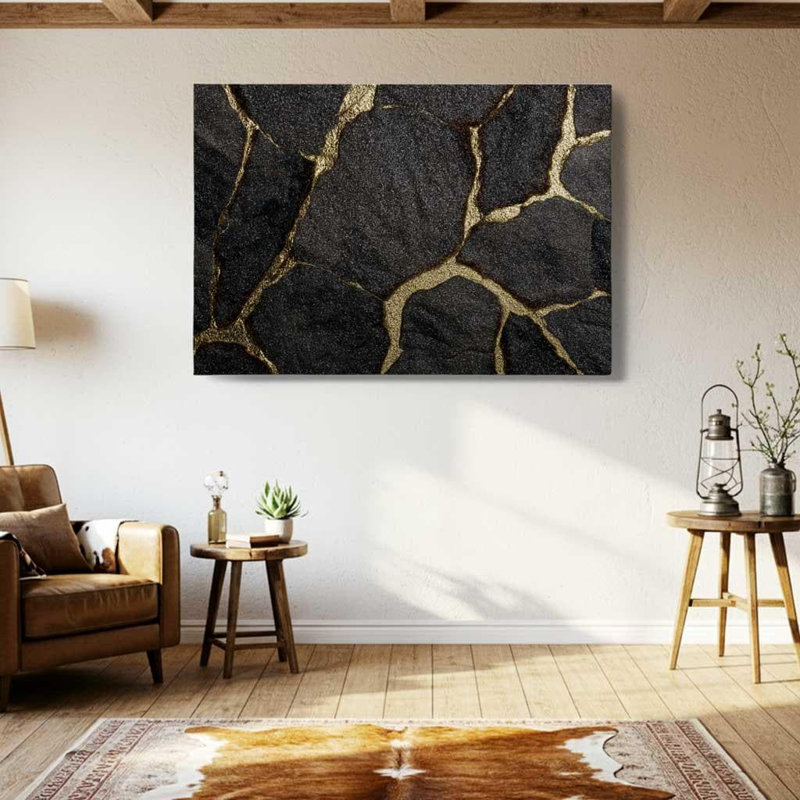 Toile Kintsugi noire et dorée, art abstrait pierre craquelée - impression Wabi Sabi moderne, décoration murale de luxe en marbre pour le salon