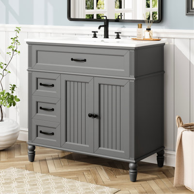 36" Bathroom Vanity With Ceramic Sink, Solid Wood Legs, Aluminum Handles, Two Drawers, Soft-Close Mechanism, Freestanding, Grey Color