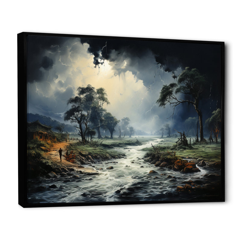 Tempête verte, déluge torrentiel sur toile, Cadre flottant noir, H 34 po x l 44 po x P 1,5 po