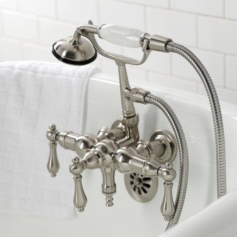 Kingston Brass Vintage Three-Handle 2-Hole Tub Wall Mount Clawfoot Tub Faucet with Hand Shower, Brushed Nickel