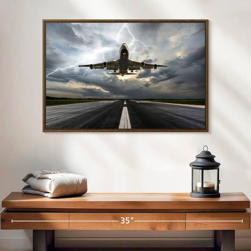 Tempête de piste d’avion, 25 po x 17 po, Cadre flottant noyer