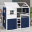 Lit superposé double en bois pleine grandeur, lit sur le thème de la maison avec fenêtres et tente, structure mezzanine basse avec barrière de sécurité-787900608-787900609