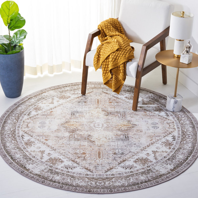 Tucson Florentine Machine Washable Non-Slip Area Rug , Round 122 cm, Beige/Gray