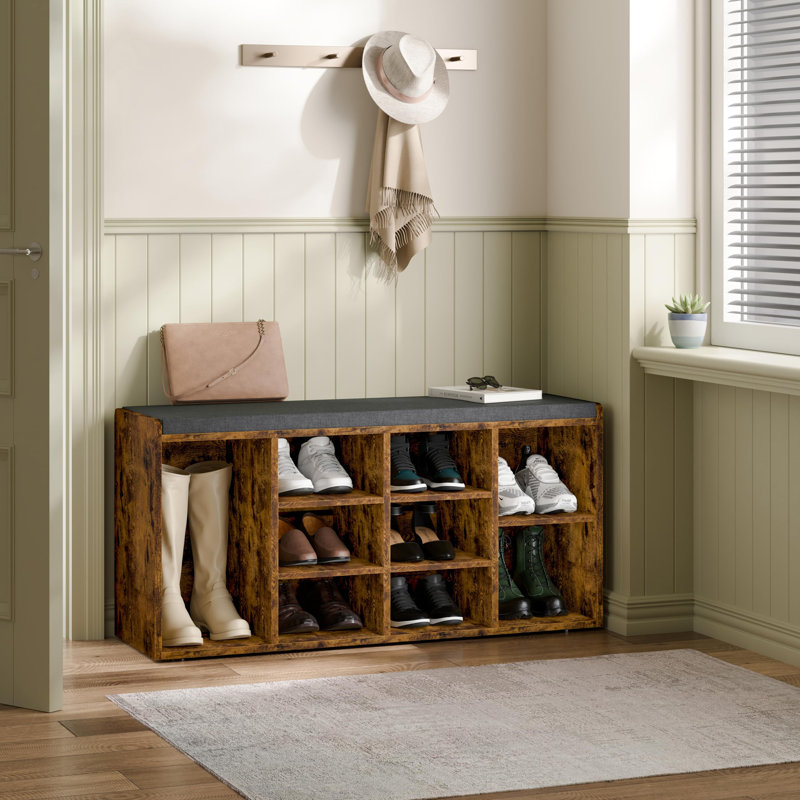 9 Pair Shoe Storage Bench, Rustic Brown/Dark Grey