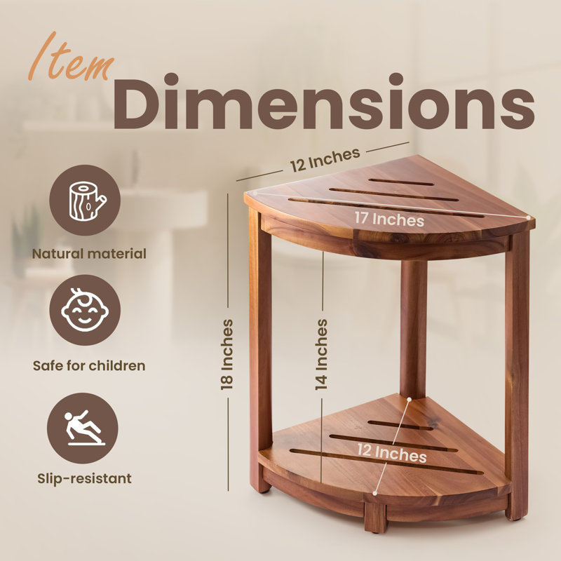 18" Solid Acacia Wood Corner Shower Bench & Corner Shower Stool With Storage Shelf - Footrest For Shaving Legs - Bath Step For Small Spaces - Perfect For Indoor Or Outdoor