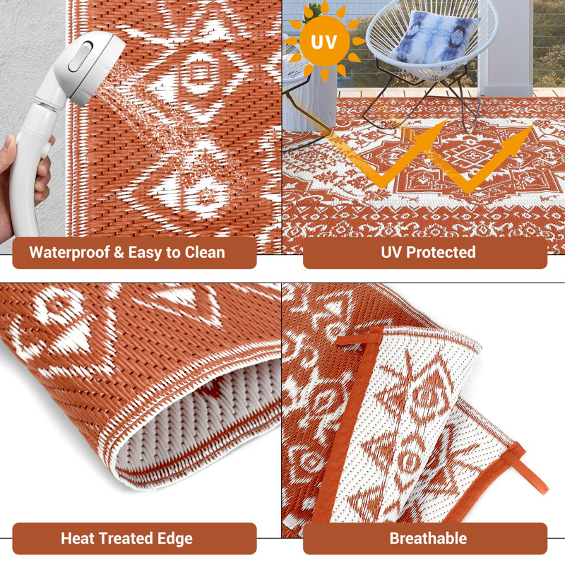 Outdoor Rug Waterproof Reversible Plastic Straw Rug Outdoor Furniture for Patio Camping Balcony Deck Backyard, Orange