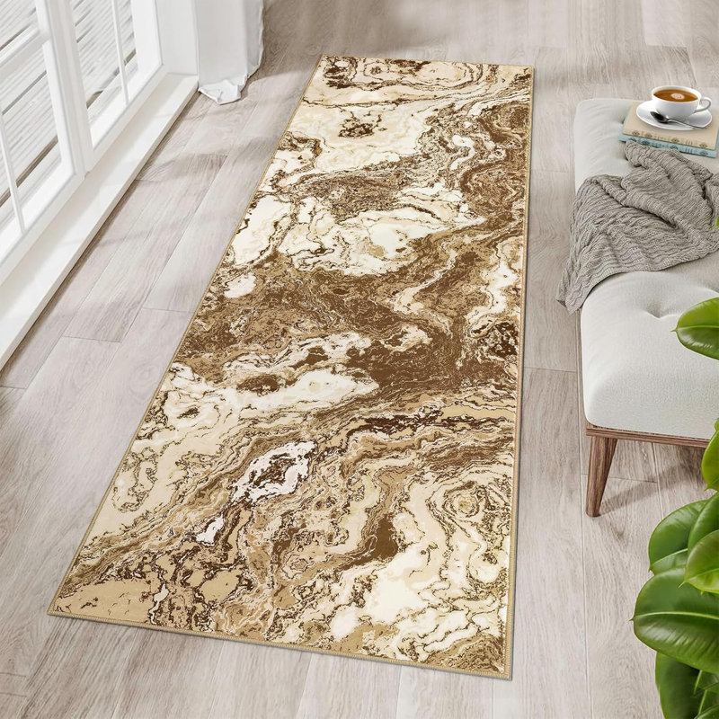 2'X8' Modern Marble Runner Rug, Washable Kitchen Runner Abstract Marble Pattern Rug Runners For Hallways Non Slip For Bedroom Entryway, Brown
