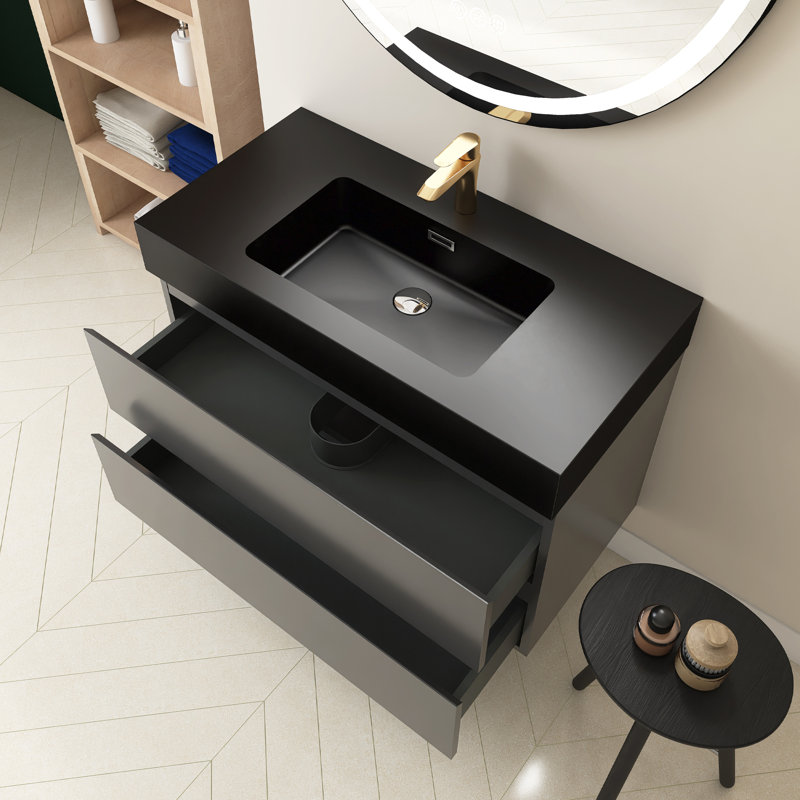 Meuble-lavabo simple 36 po avec plateau Semyah, Gris, Noir