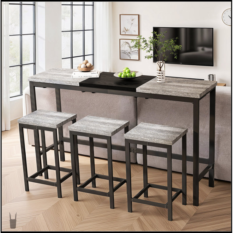 Modern Design Kitchen Dining Table Set With 3 Stools, Unique Splicing Tabletop And Space-Saving Hanging Stool Design